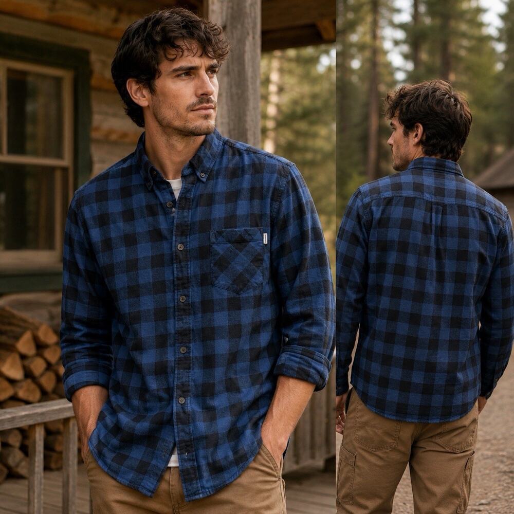 Timberland Flannel Shirt Mens Large Blue Buffalo Plaid Lumberjack Heritage L